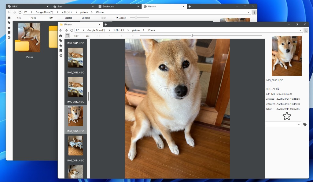 画像ビューアアプリの画面（サムネイルと情報パネル）